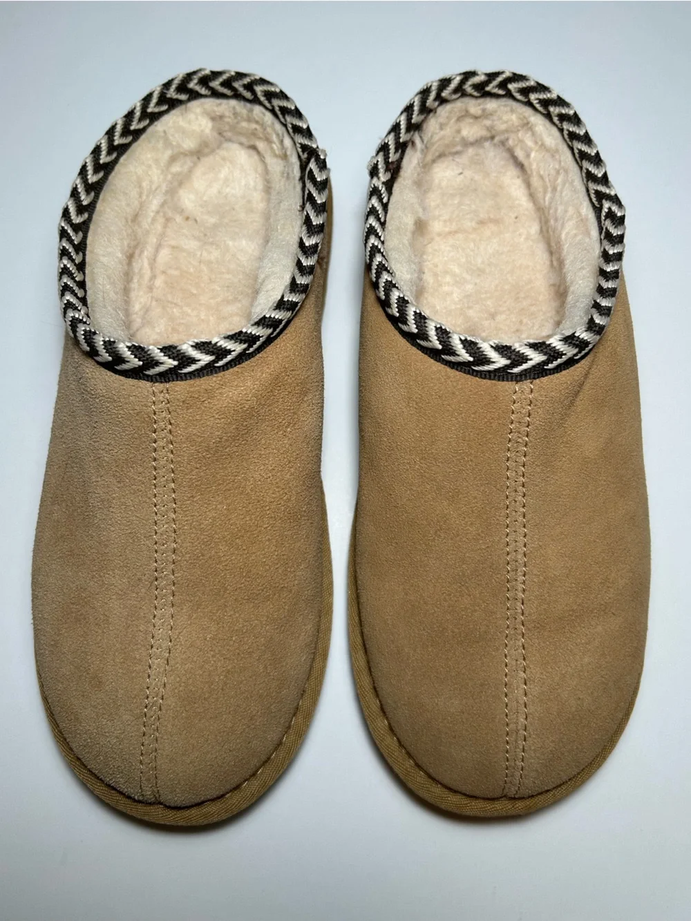 BearPaw Tan Suede Faux-Shearling Slip-On Slippers with Black & White Trim